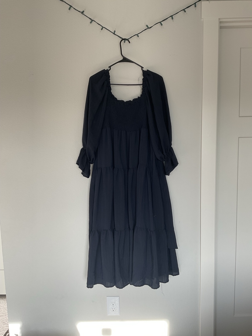 Navy Smocked Tiered Midi Dress with Puff Sleeves